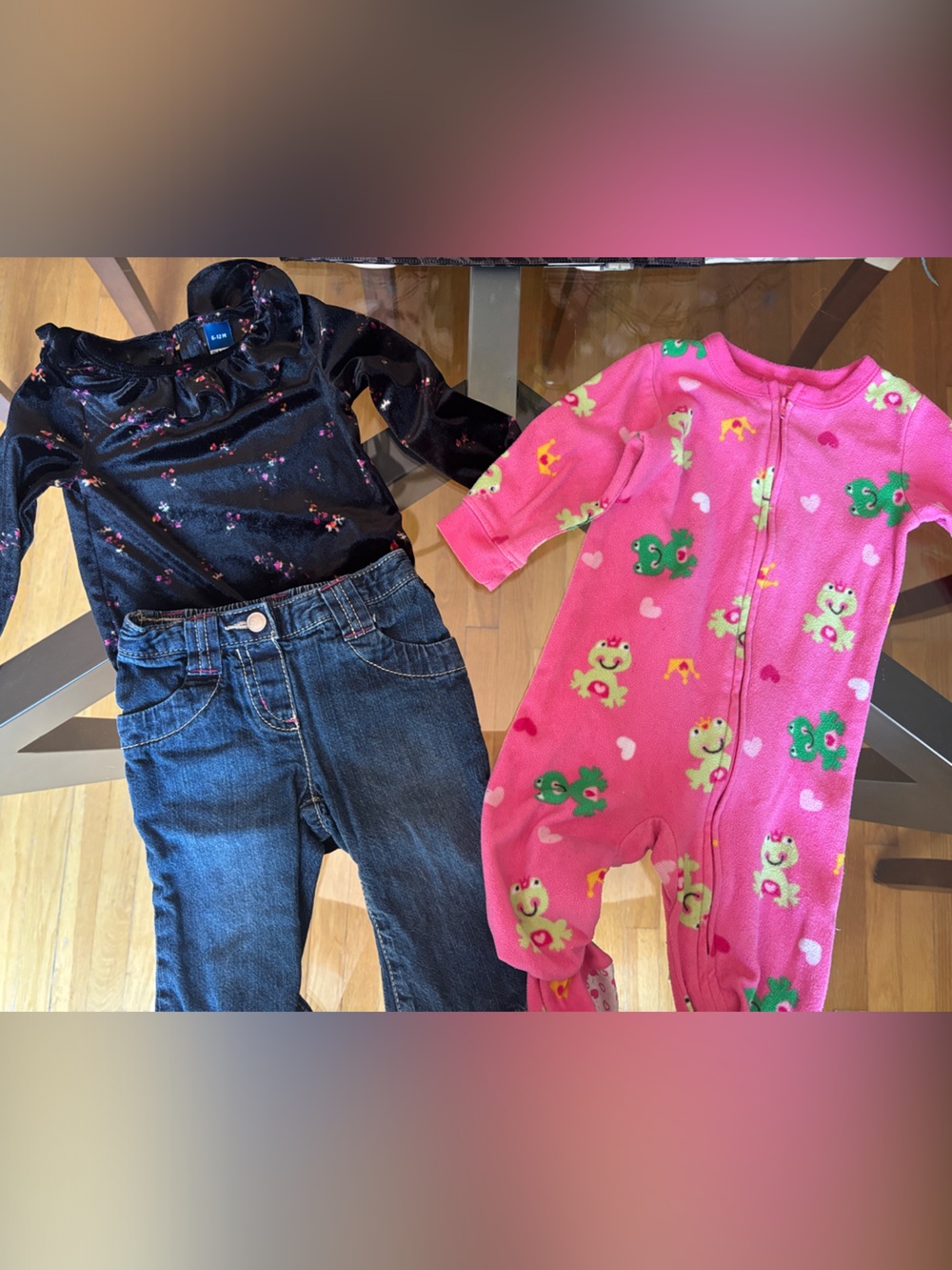Fall 6-12 months girl fleece onesie pj, jeans and velvet top